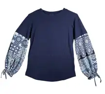 Belle Boho Kim Gravel Shirt Waffle Knit Floral Balloon Sleeve Tie Cuff Blue‎ XXS