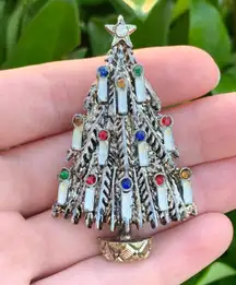 Vintage Silver & Gold Christmas Tree Brooch White & Rhinestoned Candles