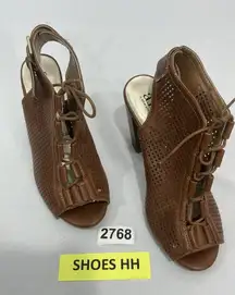 Womans Ana Aldis 6 M Brown Faux Leather Lace Sling Back Peep Toe Heel Shoe