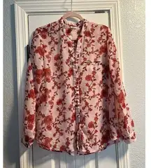 Kut From The Kloth Sheer Floral Blouse Pink Red Button Up Shirt Sz M Boho Flowy