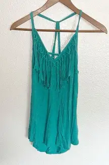 Naked Zebra Teal Fringe V Neck Western Tank Top