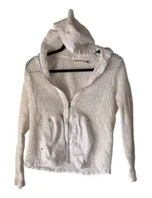 Erin London Y2k Sweater Medium White‎ Hooded Mesh Zip Up Knit Pockets Jacket