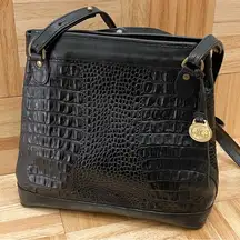 Vintage BRAHMIN Black Embossed Croc Leather Double Strap Bucket Shoulder Bag