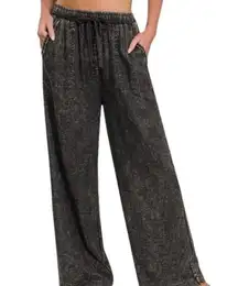 Zenana Black Acid Wash Linen Blend Wide Leg Pants NWT