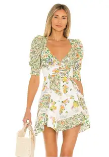 For Love and Lemons Rosalyn Floral Ruffle Mini Dress in Green XXS Cottagecore
