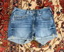 True Religion Jennie Curvy Mid Rise Denim Shorts Size 26 Blue Distressed Fold He