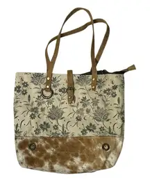 MYRA BAG Tote Cotton Canvas Animal Hair Floral Zipper Top Leather Straps