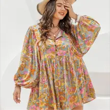 Floral Boho Romper Jumpsuit with Balloon Sleeves - Size: XL
