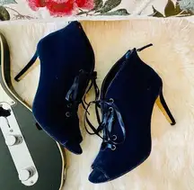 WHBM “Dasher” Blue Velvet Peep Toe Bootie