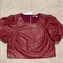 NWT Medium Vegan Faux Leather crop top balloon sleeves TCEC dark red lined