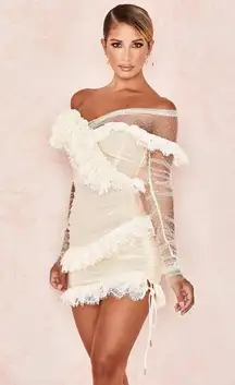 House of CB SORREL Ivory Lace Frill Mini Dress sheer Long Sleeve Polka Dot