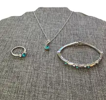 3 Piece Blue & Silver Bracelet Ring and Necklace Set