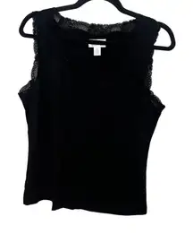 Ann Taylor Loft Black Lace Trim V Neck Sleeveless Tank Top Medium Y2K Preppy