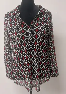 INC Blouse Women M Red Black Sheer Roll Tab Sleeve 3/4 Button Holiday Office