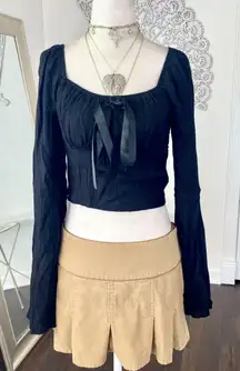 Romantic Goth Black Scrunched Cropped Flare Sleeve Bow Detail Top S