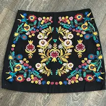 Umgee Black Floral Embroidered Mini A-Line Lined Skirt Size Small‎