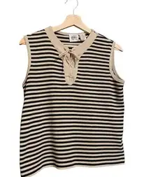 Vintage  horizontal striped coastal lace up cotton sweater tank