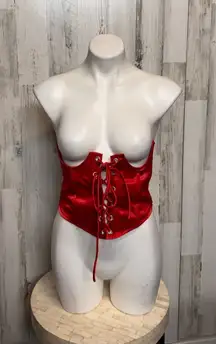 Red Satin Lace-Up Corset Top Strapless Bustier Zip Back Club wear Party Top