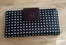 Fossil Polka Dot Color Block Cow Hide Leather Button Closure Back Zip Wallet