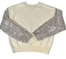 LUSH Sequin Sleeve Long Sleeve Cream & Silver Sweater Small