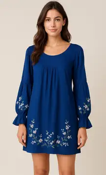 Roller Rabbit blue floral embroidered long sleeves‎ tunic dress XS boho summer