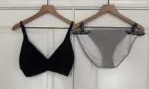 Aerie Bikini Swimsuit Set Triangle Top Striped Ruffle Bottom Black White Padding