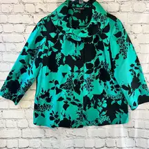 Ming Wang Floral Button Down Dress Jacket Green Black 3/4 Sleeve Size Large