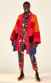 FARM RIO Sweater Cardigan Striped Rainbow Knit Puff Sleeve Open Front