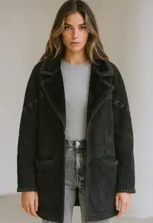 Vintage Oversized Black Suede Coat With Black Faux Shearling Boho Chic