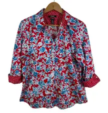 Chaps Floral Button‎ Down Shirt Large Red White Blue No Iron Cotton Patriotic
