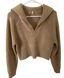 WAYF Nelle Half Zip Pullover Sweater Camel Brown XS