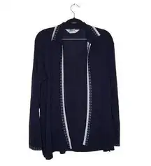 Exclusively Misook Size XS Navy Blue White Trim‎ Open Front Knit Cardigan Jacket