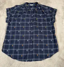 Caslon Plaid Short Sleeve Button Front Top Blue Cotton Size‎ XXL Summer Beach