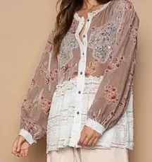 POL Velvet Burnout Lace Combo Embellished Tunic in  Beige Combo sz medium