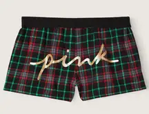💚✨VS PINK Flannel Boxy Pajama Shorts / Black & Green Plaid Gold Foil Script, L