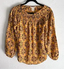 Sundance 100% Silk Smocked Boho Blouse XS – Golden Yellow & Black Print