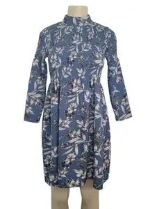 Ava & Lu Womens Size 10 Blue & White Floral Smocked Long Sleeve High Neck Dress