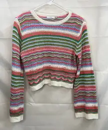 LUSH Nordstrom women's pink striped knit crocheted cropped pointelle sweater S