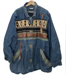 Vintage 90s Western Rancher Cowboy Denim Jacket Coat Fringe Size XL