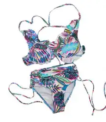 California Waves  Neon Tropical Palm Leaf Coconut Girl Ruffel Bikini XS