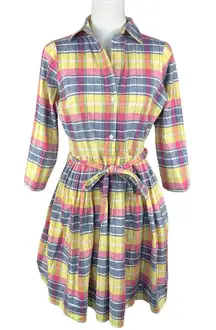 Lands End Madras Plaid Shirt Dress Pleated Preppy Cotton Plaid Button-Up