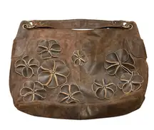 Anthro Lucky Penny Distressed Brown Suede Large 3D Floral Shoulder Bag