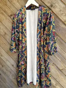 Modcloth Blue Yellow Pink Floral Print Velvet Open Kimono Cardigan Small Med