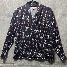 Loft‎ Outlet Top Large Long Sleeve Blouse Sweater Faux Wrap Dark Blue Floral