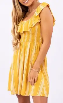 Rip Curl Mustard Yellow Fiesta Stripe Smocked Bodice Ruffle‎ Sleeve Dress
