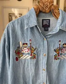 Vintage 90s Quizz Woman Embroidered Frog Heart Chambray Short Sleeve Button Up S