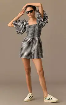 Anthropologie x Self Contrast Smocked Gingham Playsuit Romper Womens Size XL