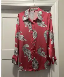 Hot Pink Satin With Leopards Button Top Blouse Oversize Long Size Large Office
