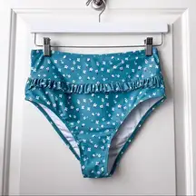Floral High Waist Swim Suit Bikini Bottom Ruffle Blue Small