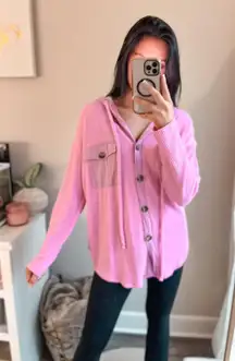 Pink Ribbed Button Up Shacket Hoodie